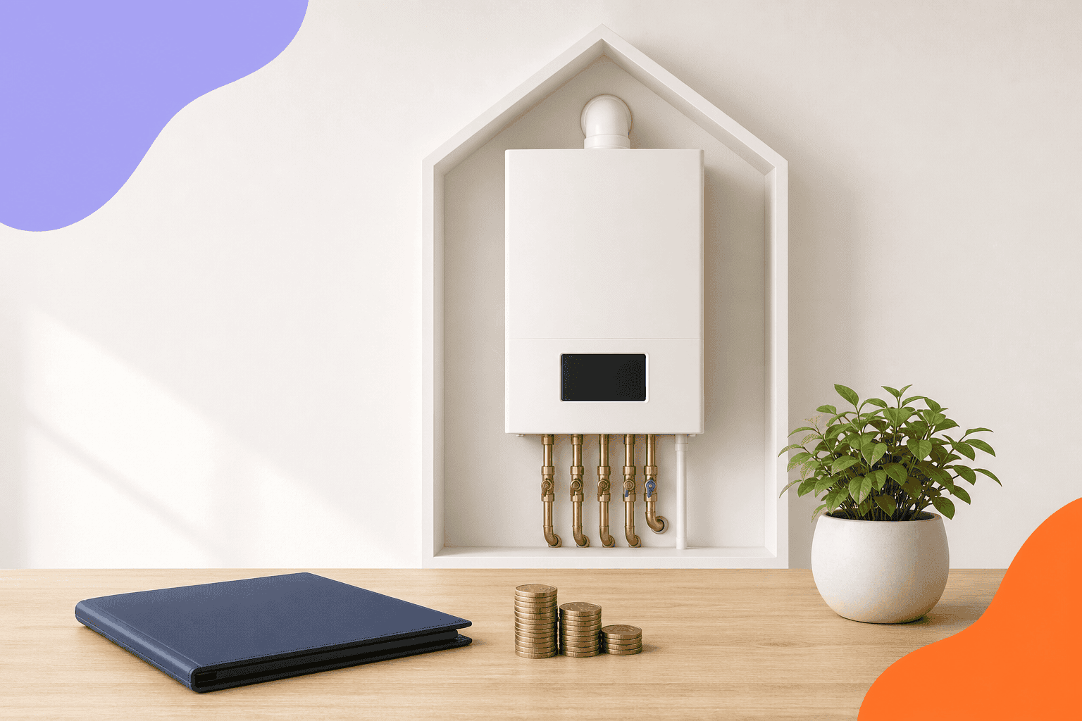 Wall-mounted boiler inside a house outline, with a navy folder, stacks of coins and a plant on a worktop, illustrating the cost of a new boiler