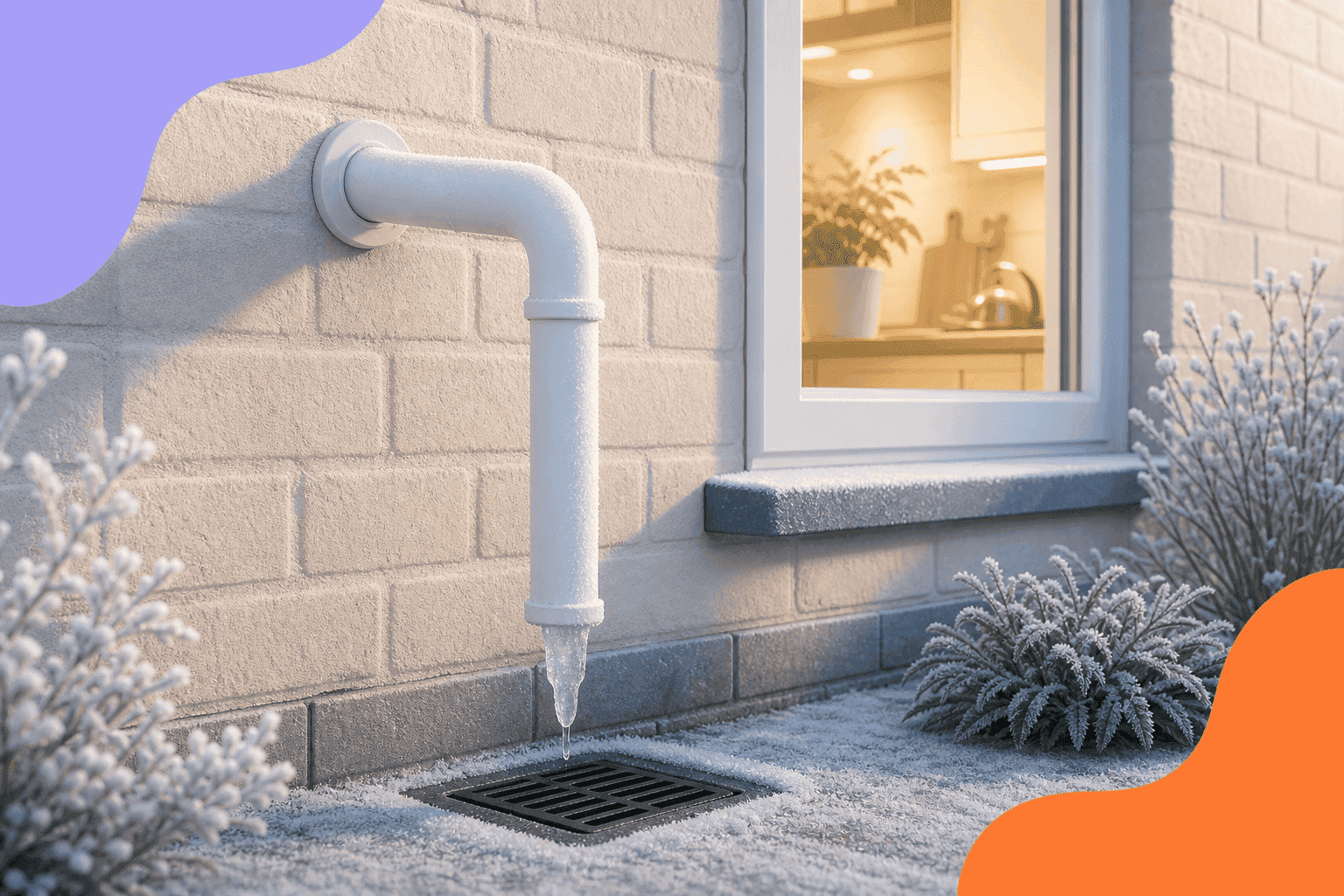 Frosty outside wall with a white condensate pipe with ice at its end above a drain