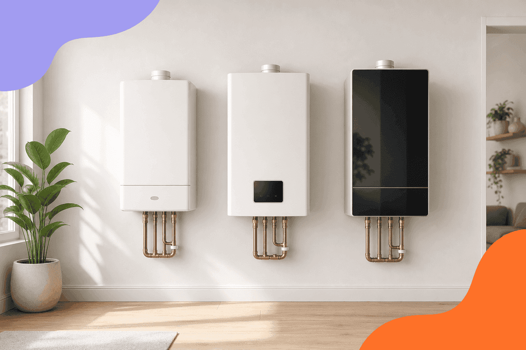 Three modern combi boilers side by side on a wall, one with a black glass front