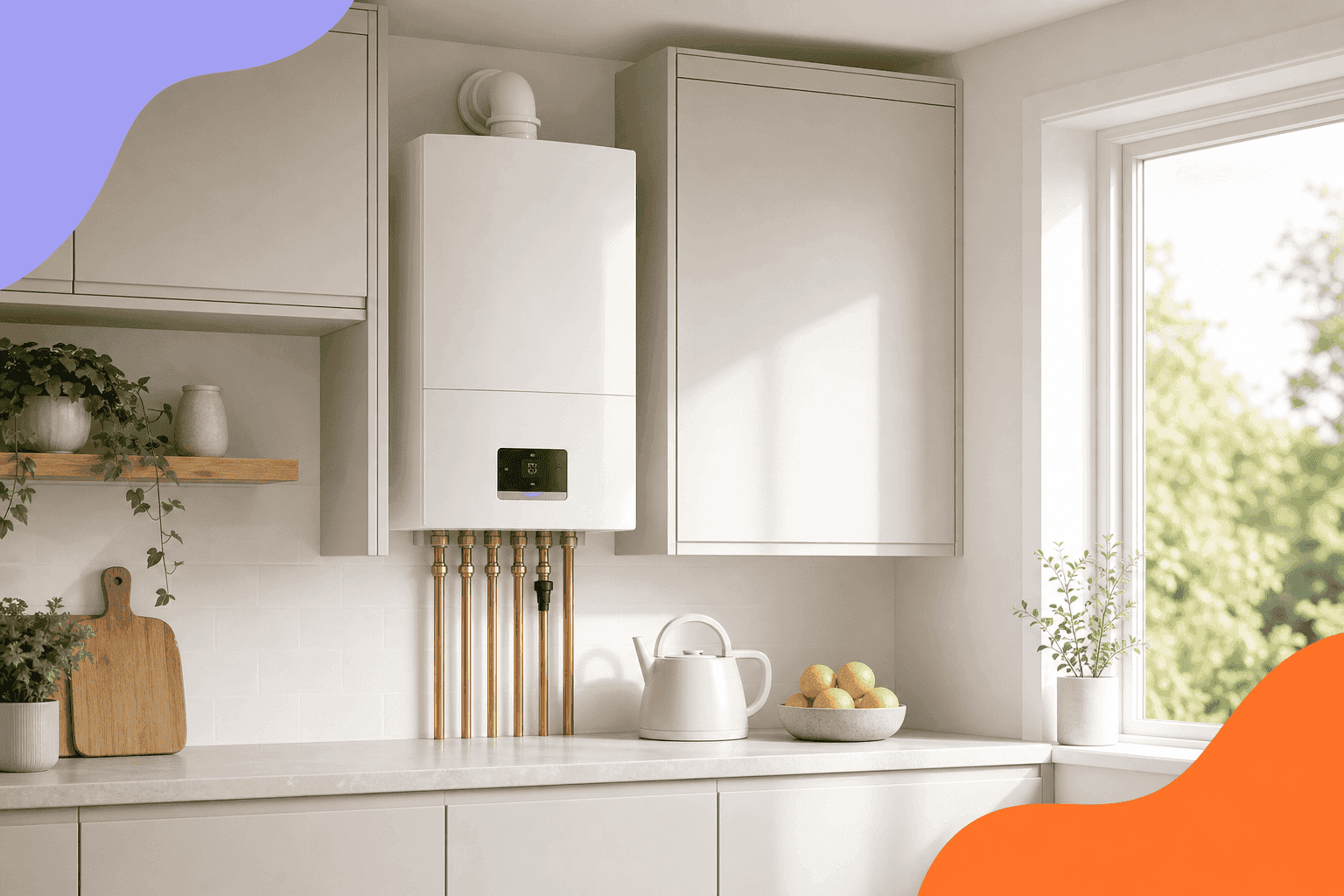 Modern white combi boiler fitted between kitchen cupboards