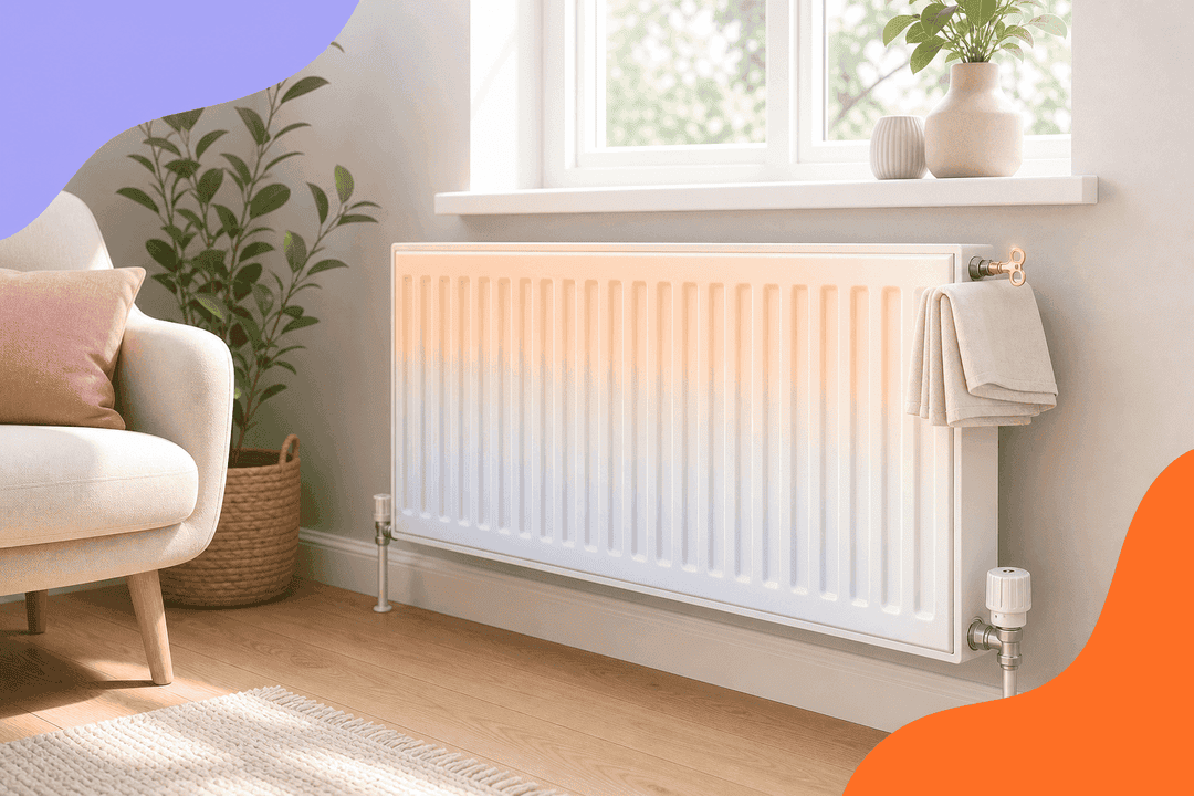 White radiator under a window with a radiator key in the bleed valve and a cloth to catch drips