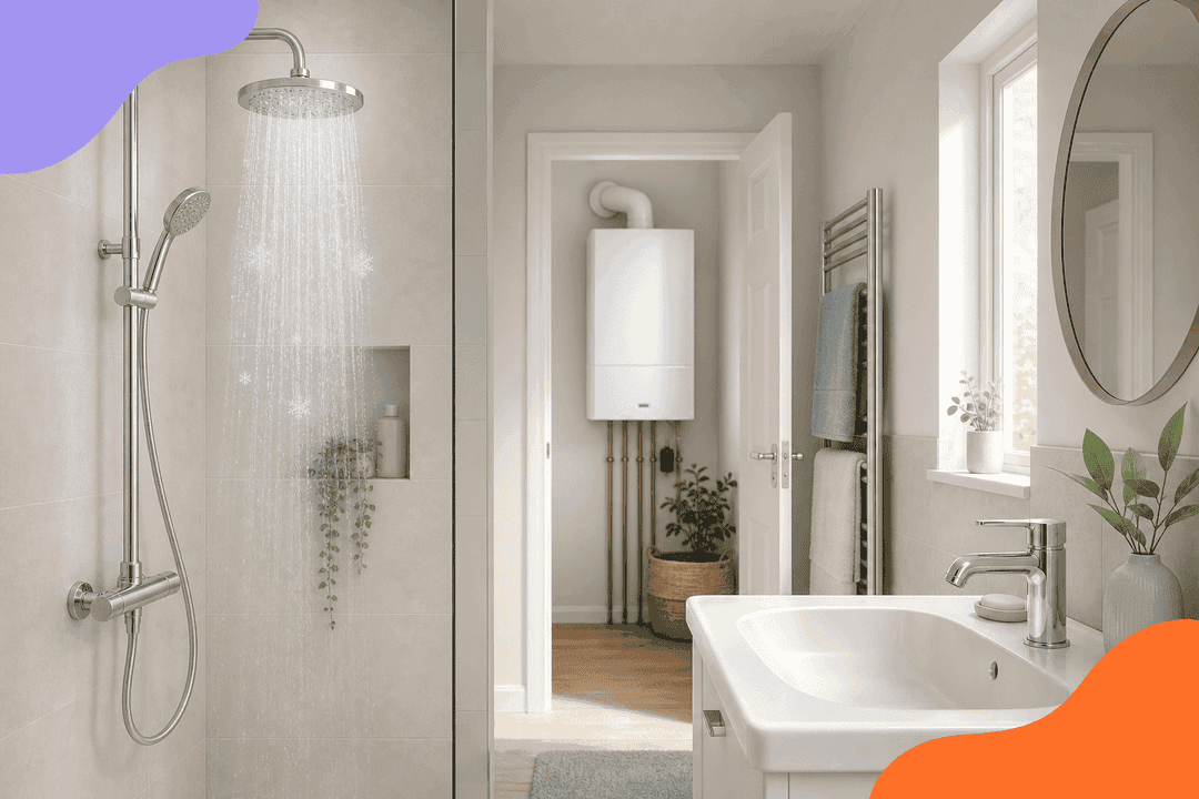 Bathroom shower running cold with a combi boiler visible in a cupboard beyond the doorway