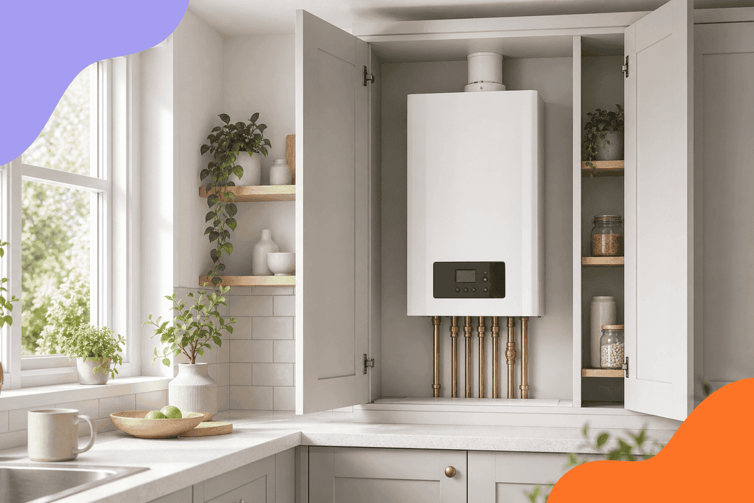 White combi boiler with a display fitted inside an open kitchen cupboard