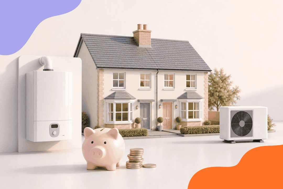 Model house between a gas boiler and an air source heat pump, with a piggy bank and coins