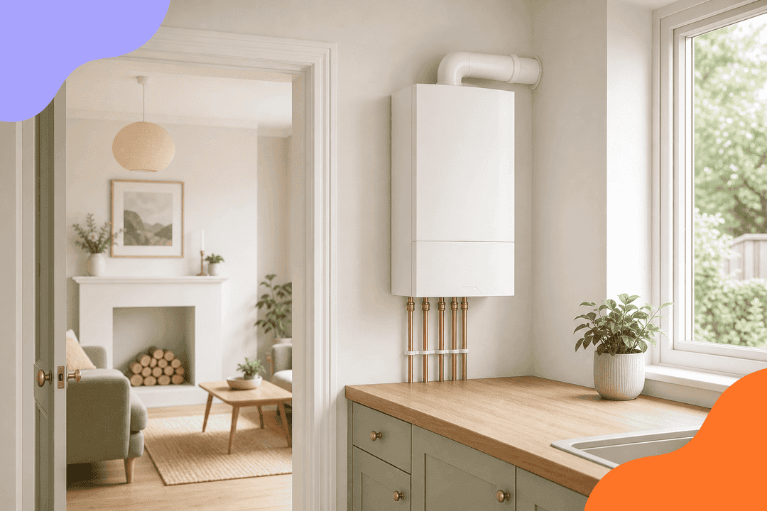Modern white combi boiler on a kitchen wall, with an empty fireplace in the living room beyond