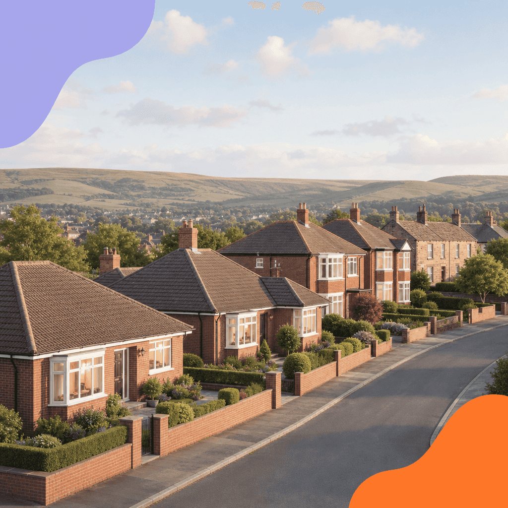 Illustration of a street of red-brick bungalows and semi-detached houses with stone cottages and green Pennine hills behind