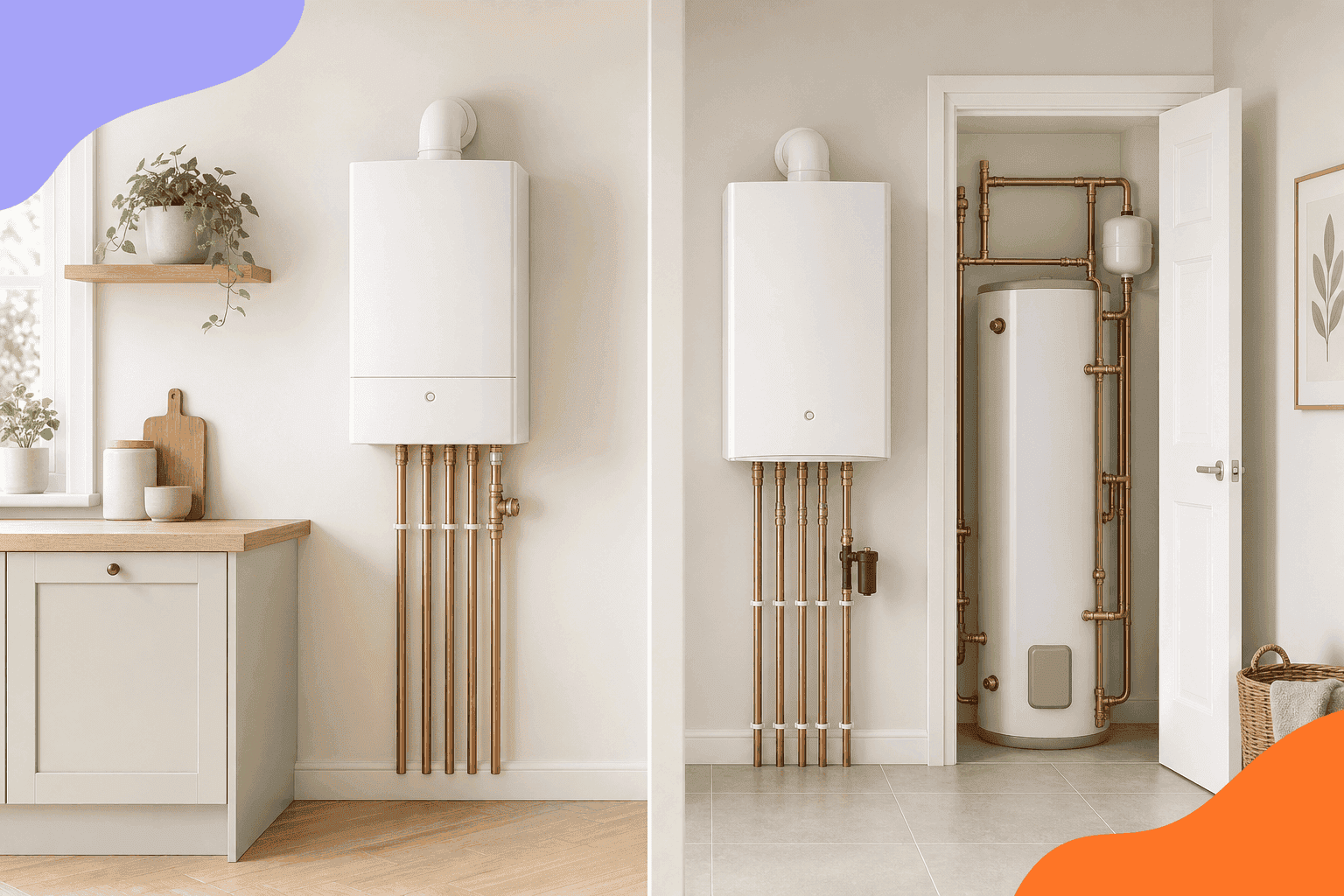 A compact white combi boiler on a kitchen wall beside a white system boiler with a hot water cylinder in an open airing cupboard