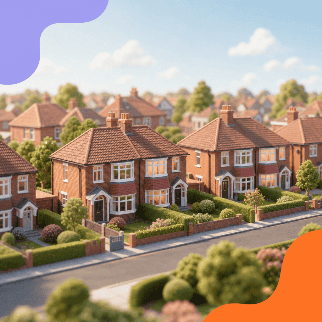 Illustration of a street of red-brick semi-detached houses with front gardens