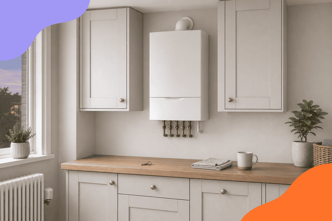 Modern white combi boiler on a utility room wall with a radiator key, towel and mug on the worktop below