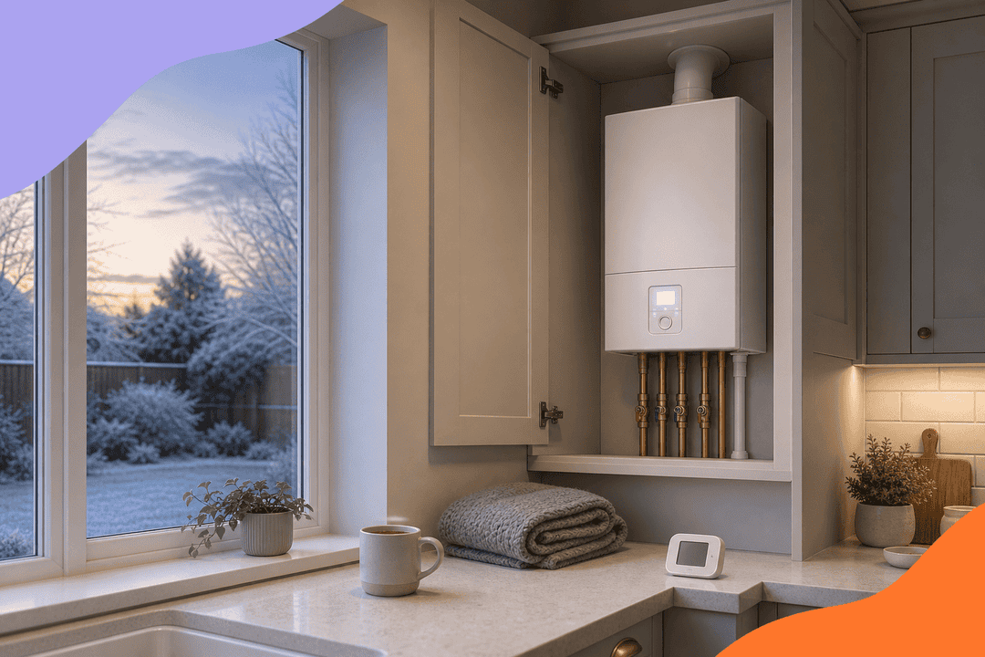 Modern white combi boiler in an open kitchen cupboard on a frosty winter evening, with a mug and blanket on the worktop