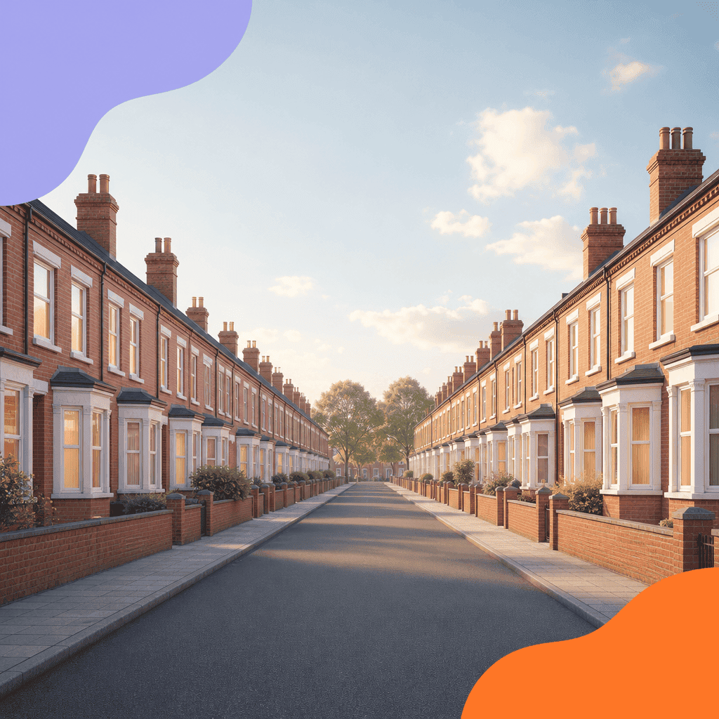 Illustration of a long, flat street of red-brick Victorian terraced houses with bay windows and chimneys