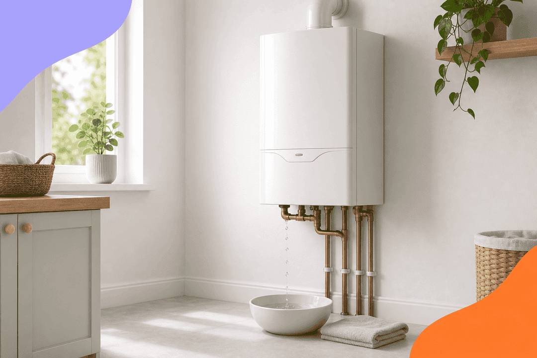 White combi boiler with water dripping from a pipe joint into a bowl, with a towel on the floor
