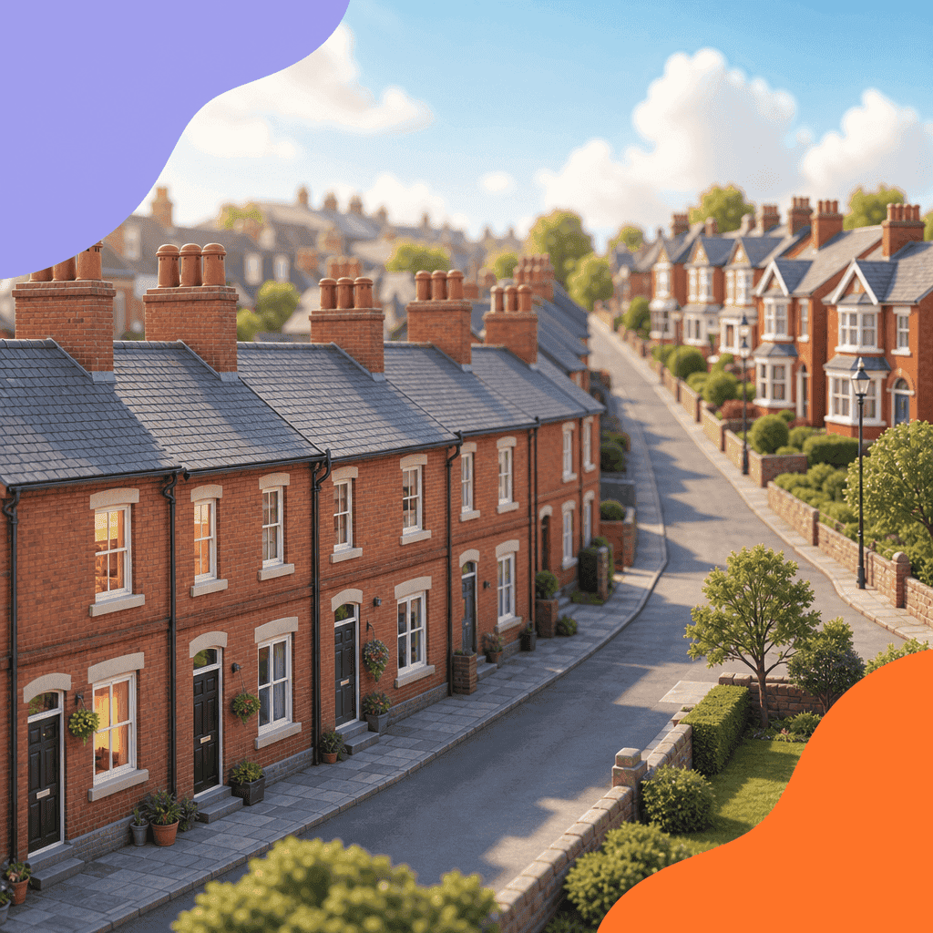 Illustration of a street of red-brick terraced houses and semi-detached houses with bay windows
