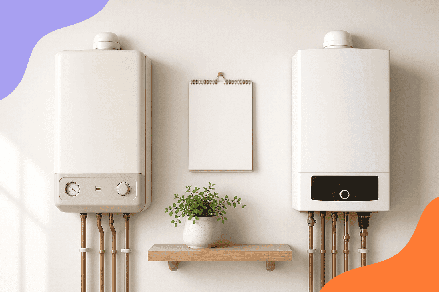 An older cream wall-mounted boiler next to a modern white combi boiler on the same wall