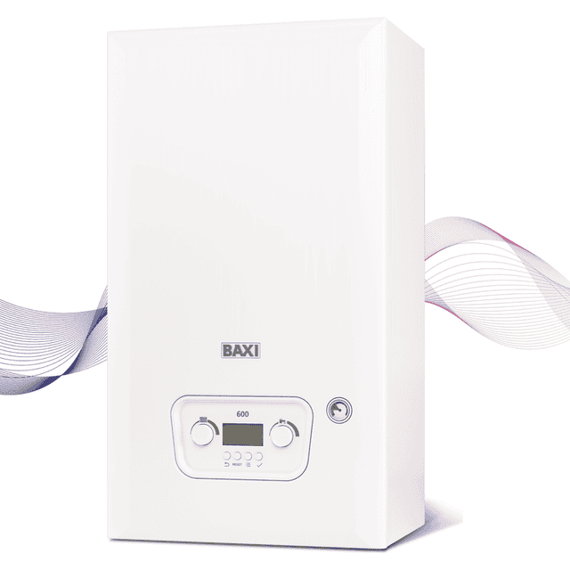 Baxi 600 Combi 2 gas combi boiler with external pressure gauge, angled view