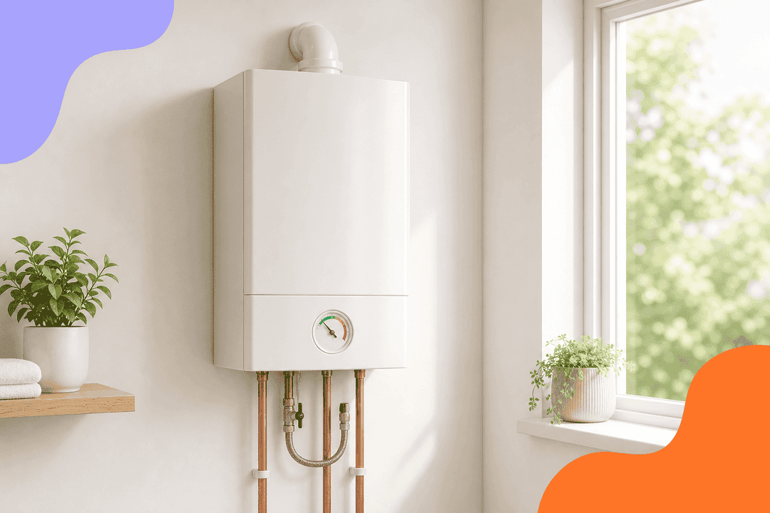 Modern white combi boiler with a pressure gauge showing the normal green range