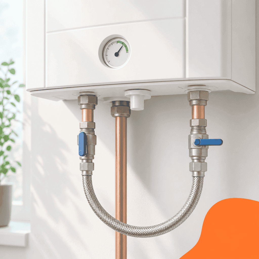 Silver braided filling loop with two valves under a combi boiler