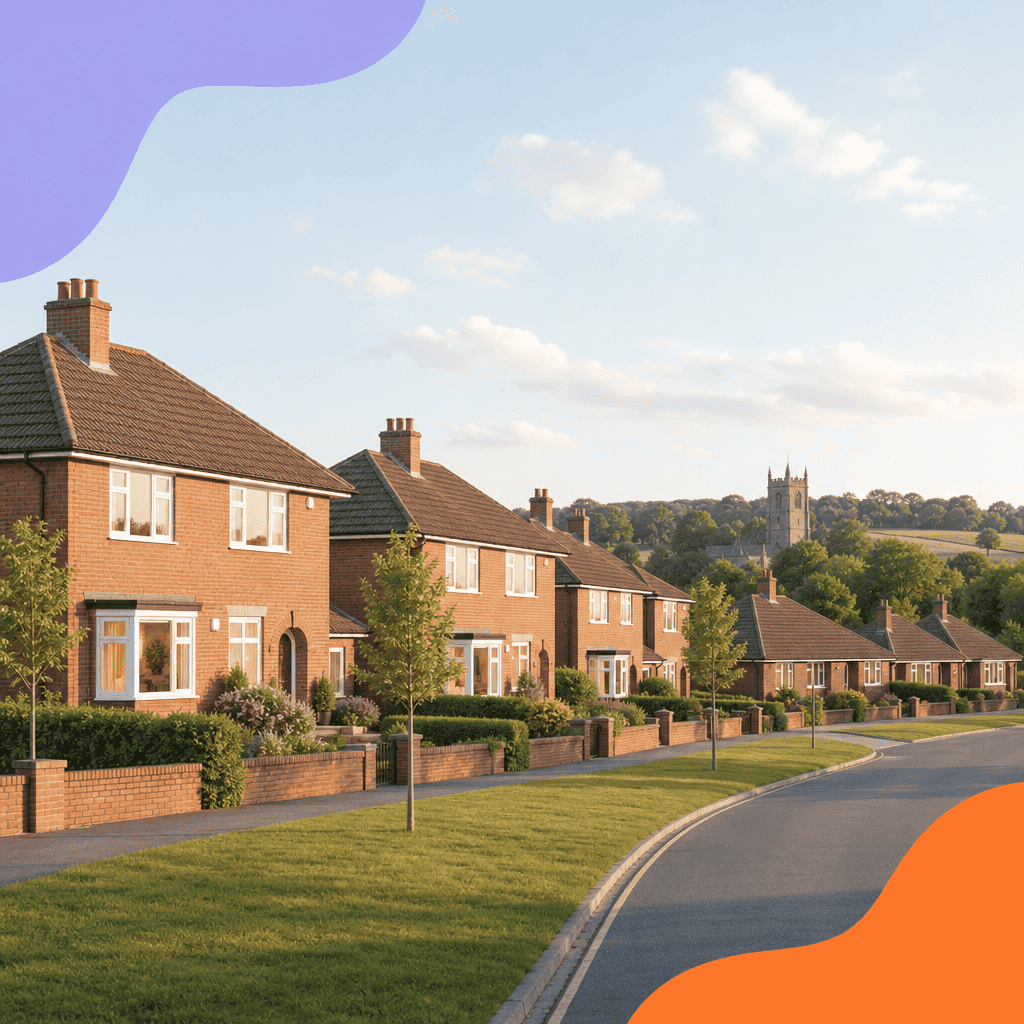 Illustration of a curving street of post-war red-brick semi-detached houses and bungalows behind a grass verge, with a church tower among trees in the distance