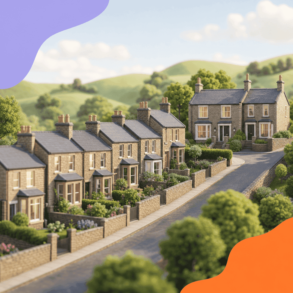 Illustration of stone terraced houses on a hillside street with green hills behind