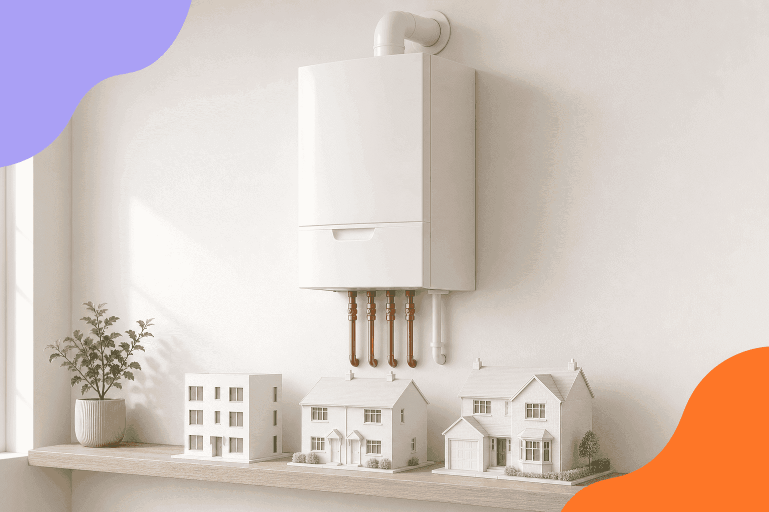 A modern white combi boiler on a wall above model homes of different sizes: a flat, a semi-detached and a detached house