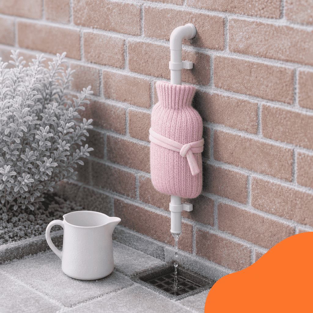 Hot water bottle held against a frozen condensate pipe on an outside wall, with meltwater dripping into the drain
